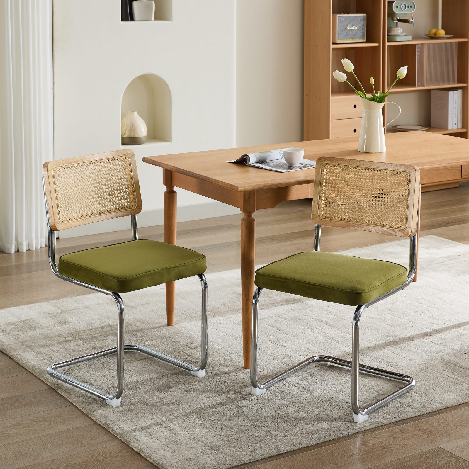 GDFStudio Glenn Upholstered Dining Chair with Stainless Base(Set of 2), Green/Velvet