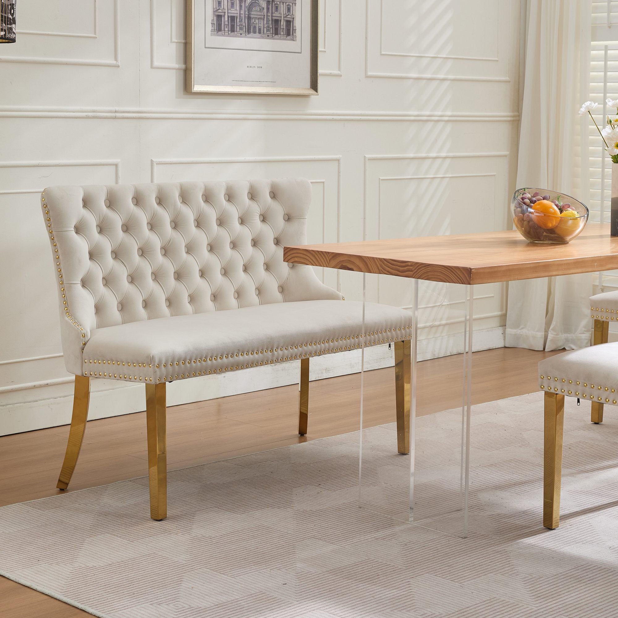 GDFStudio Haley Mid Century Modern 46''W Velvet Upholstered Dining Bench with Tufted Back, Beige/Gold Legs