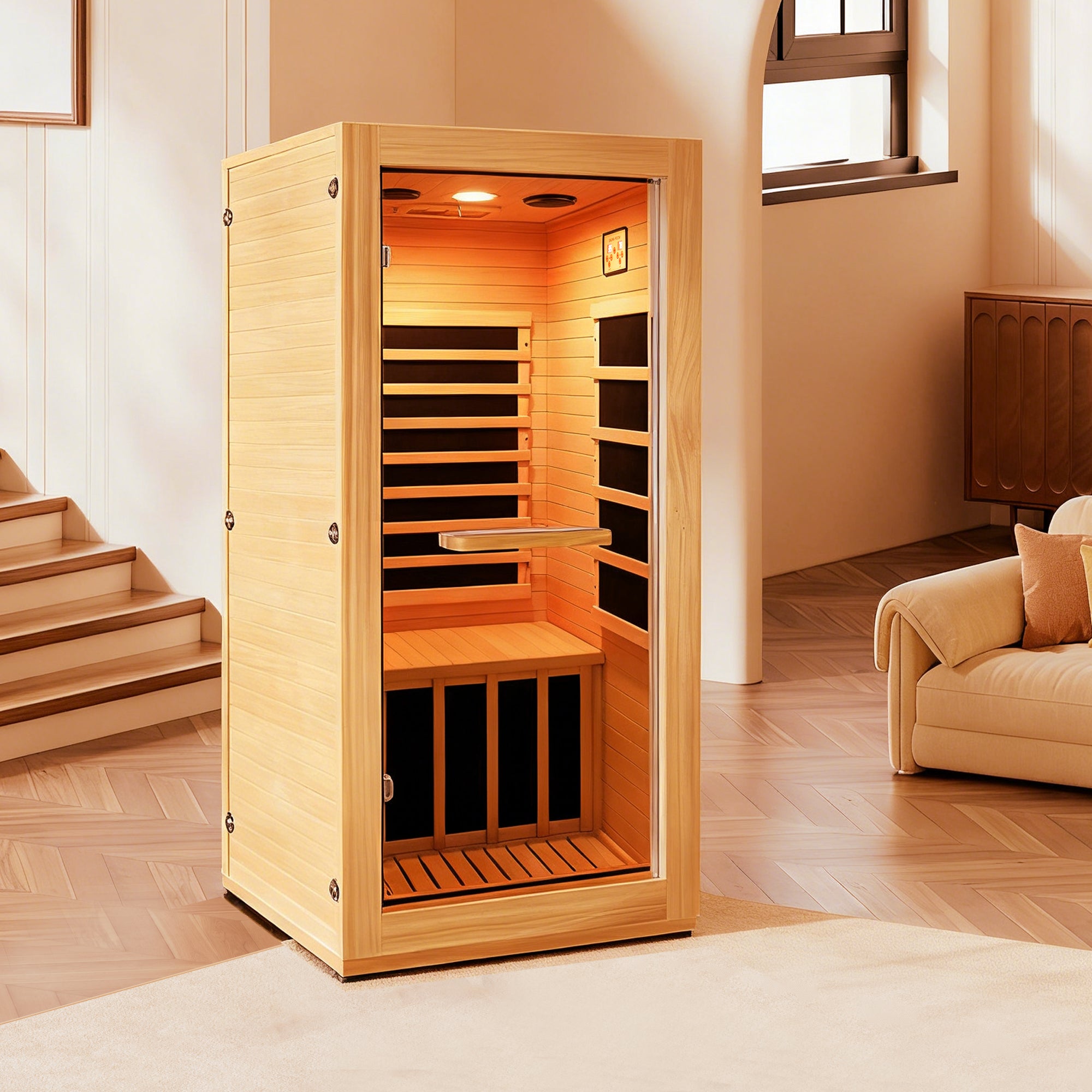 GDFStudio Elvona Traditional Epoxy Board Single-Person Wellness Infrared Cube Sauna, Natural