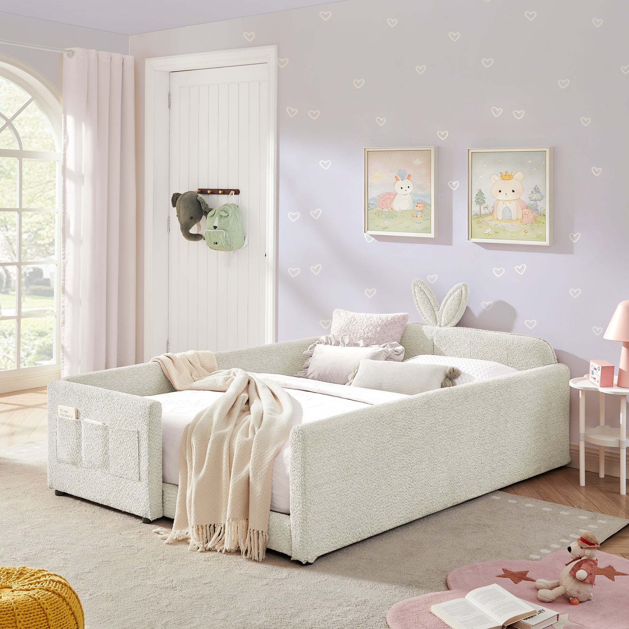 GDFStudio Chloe Full Bunny Boucle Upholstered Floor Toddler Bed with Safety Rail, Beige