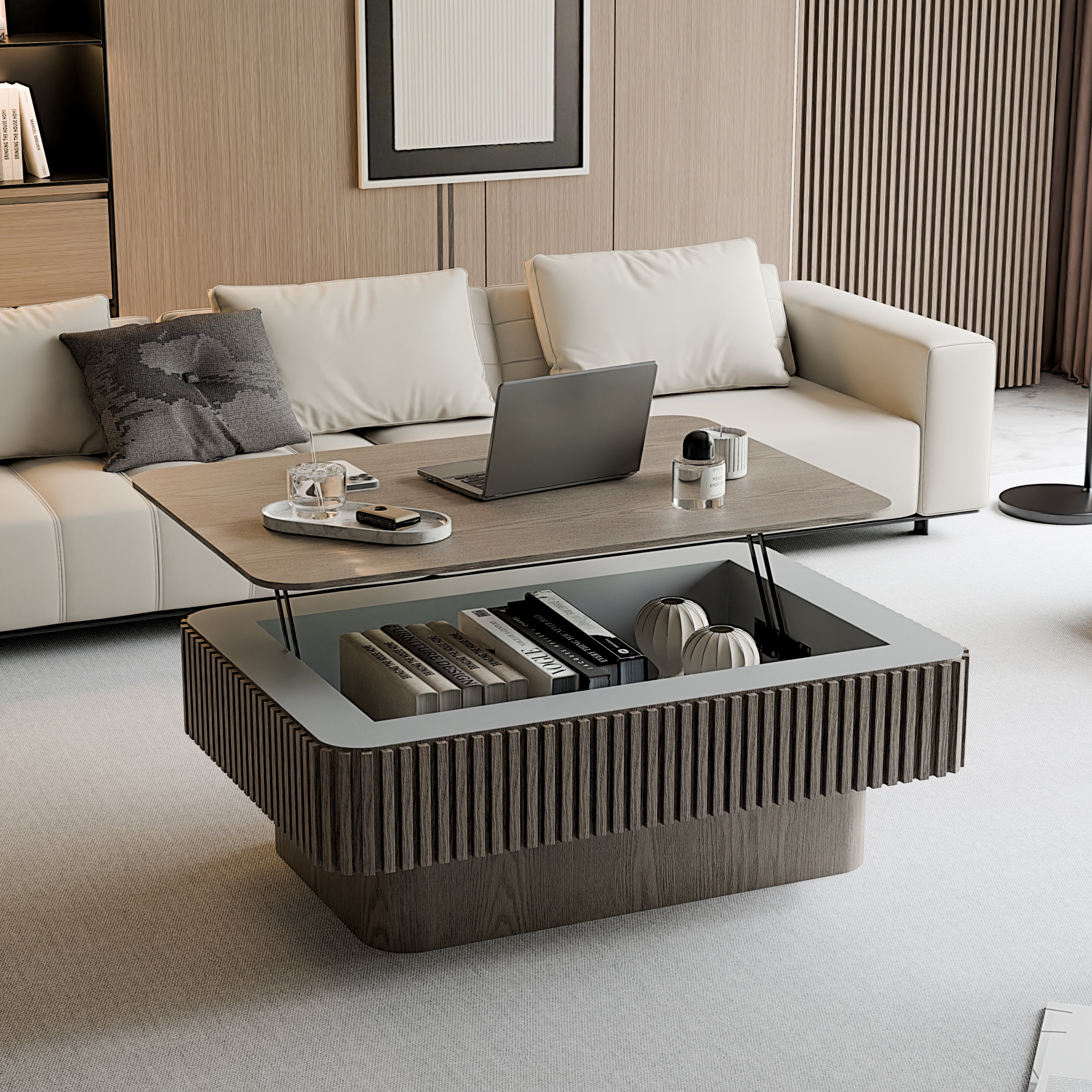 GDFStudio Joy Modern Fluted Lift-top Coffee Table with Hidden Storage