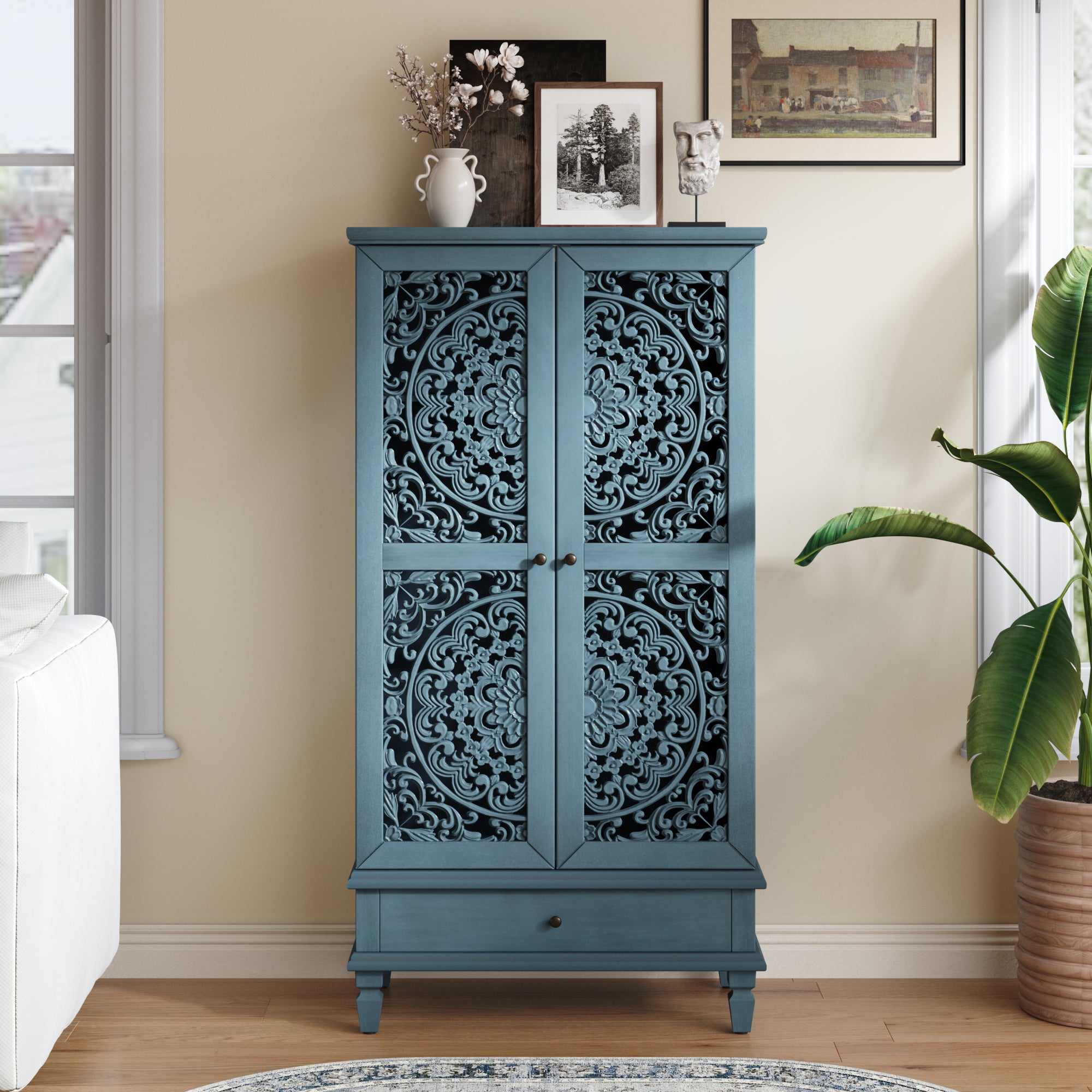 GDFStudio Rielle Rustic 55.51'' Tall Storage Cabinet with 1 Drawer, 2 Carved Doors and Adjustable Shelves, Antique Blue