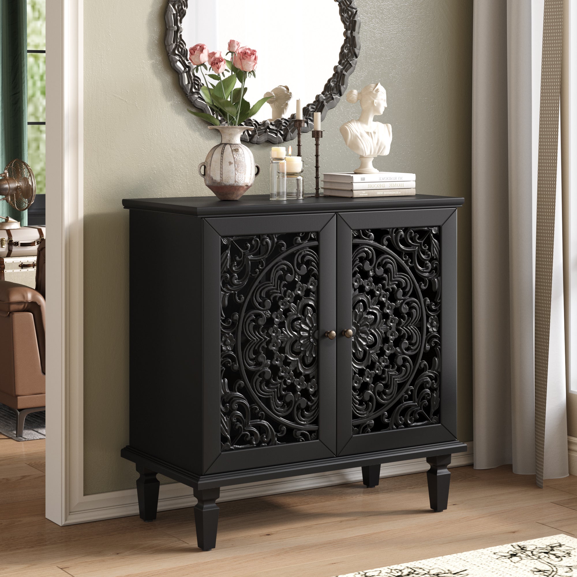 GDFStudio Asher Vintage Carved Wood 2-Door Accent Cabinet with Adjustable Shelf, Black