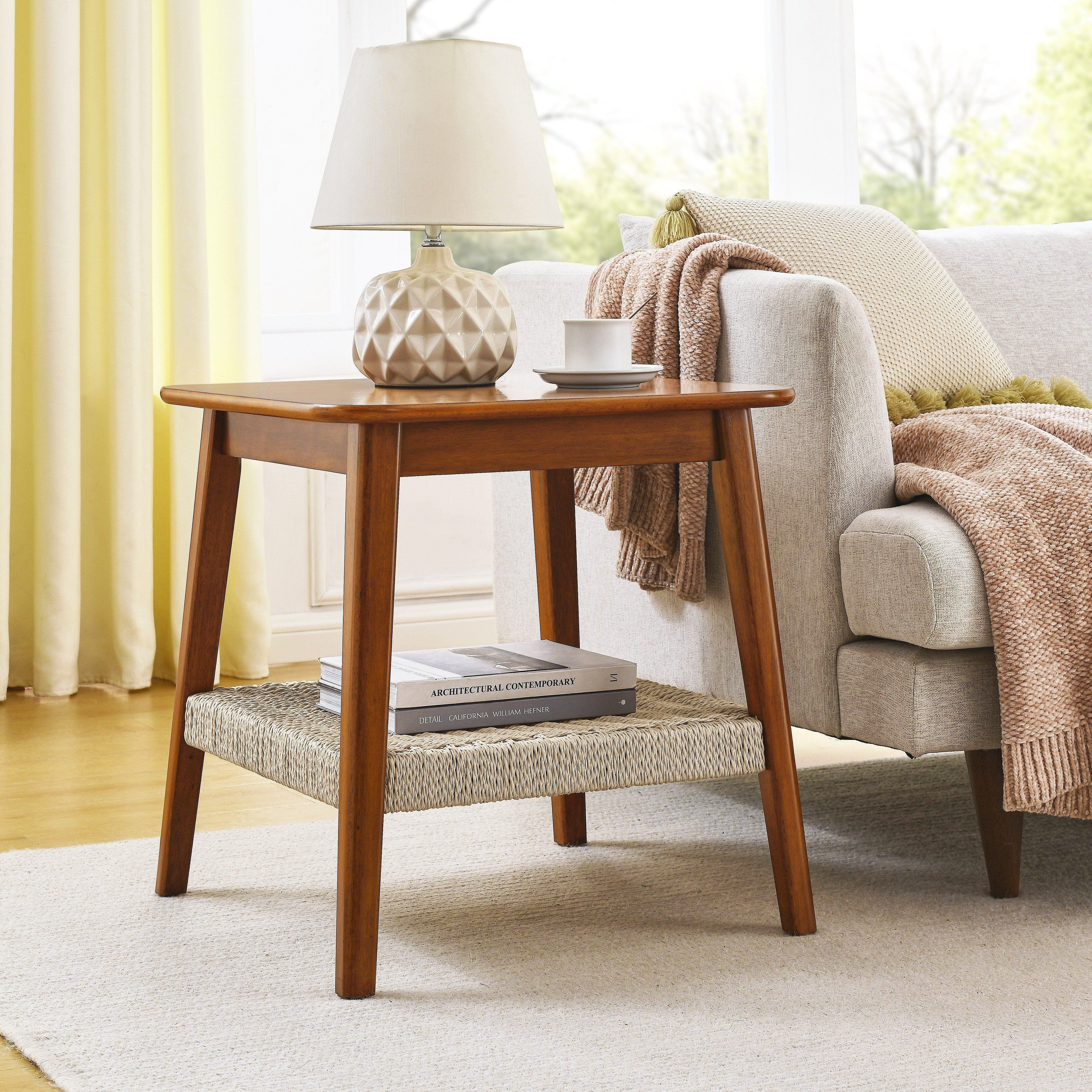 GDFStudio Skud Mid-Century Modern Side Table with Woven Rattan Shelf