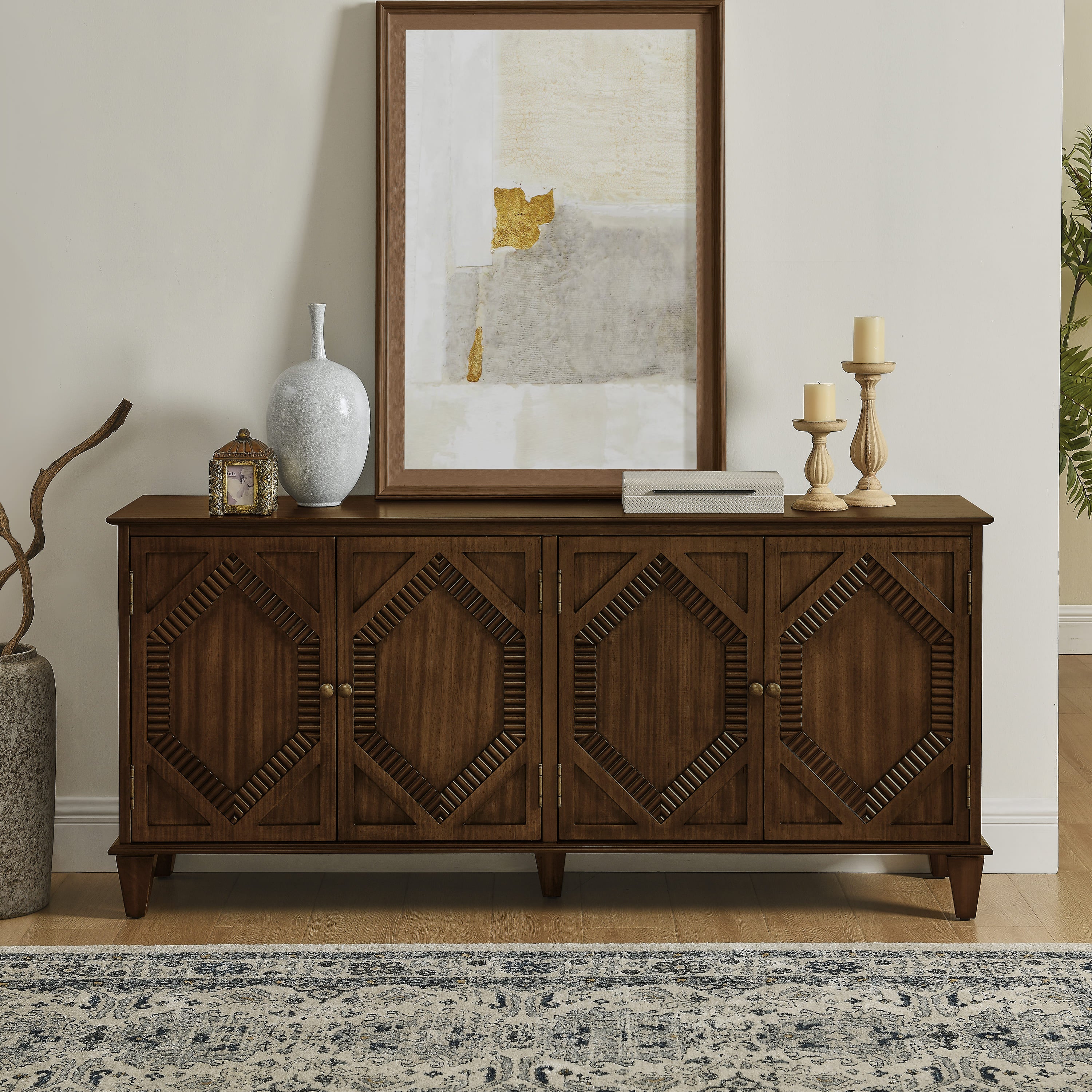 GDFStudio Valric Mid-Century Modern 65.55" Storage Cabinet with 4 Doors and Adjustable Shelves