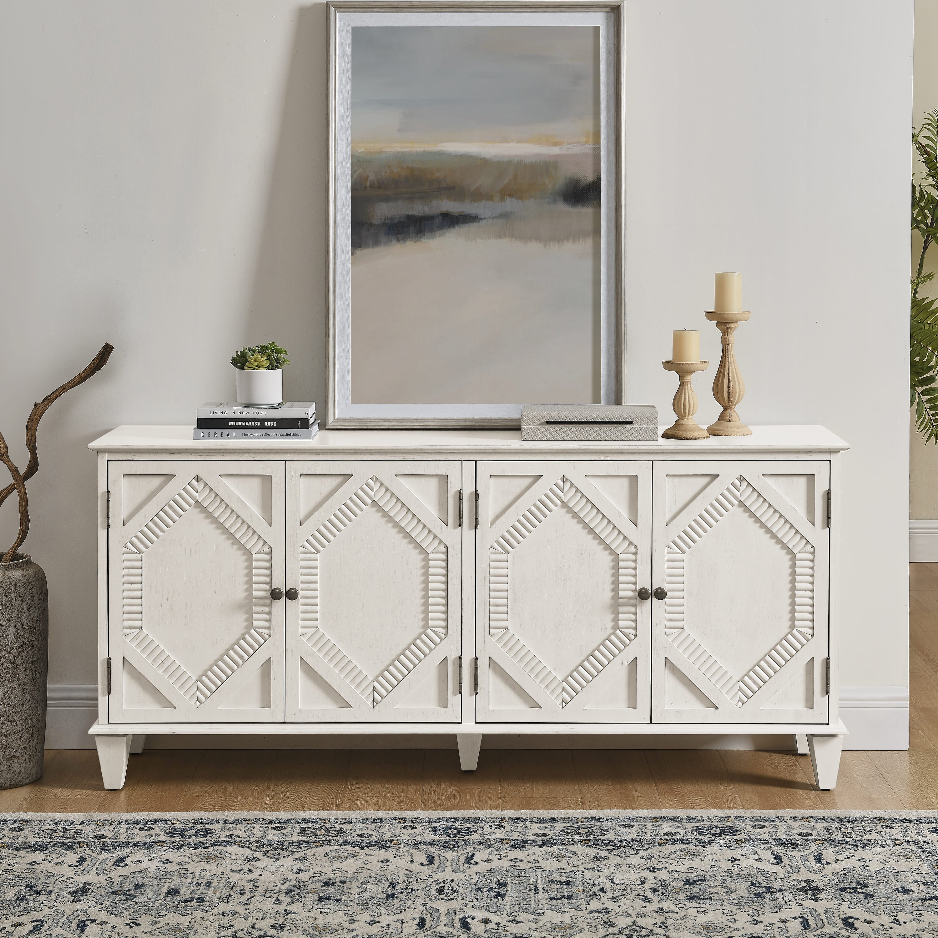 GDFStudio Valric Mid-Century Modern 65.55" Storage Cabinet with 4 Doors and Adjustable Shelves
