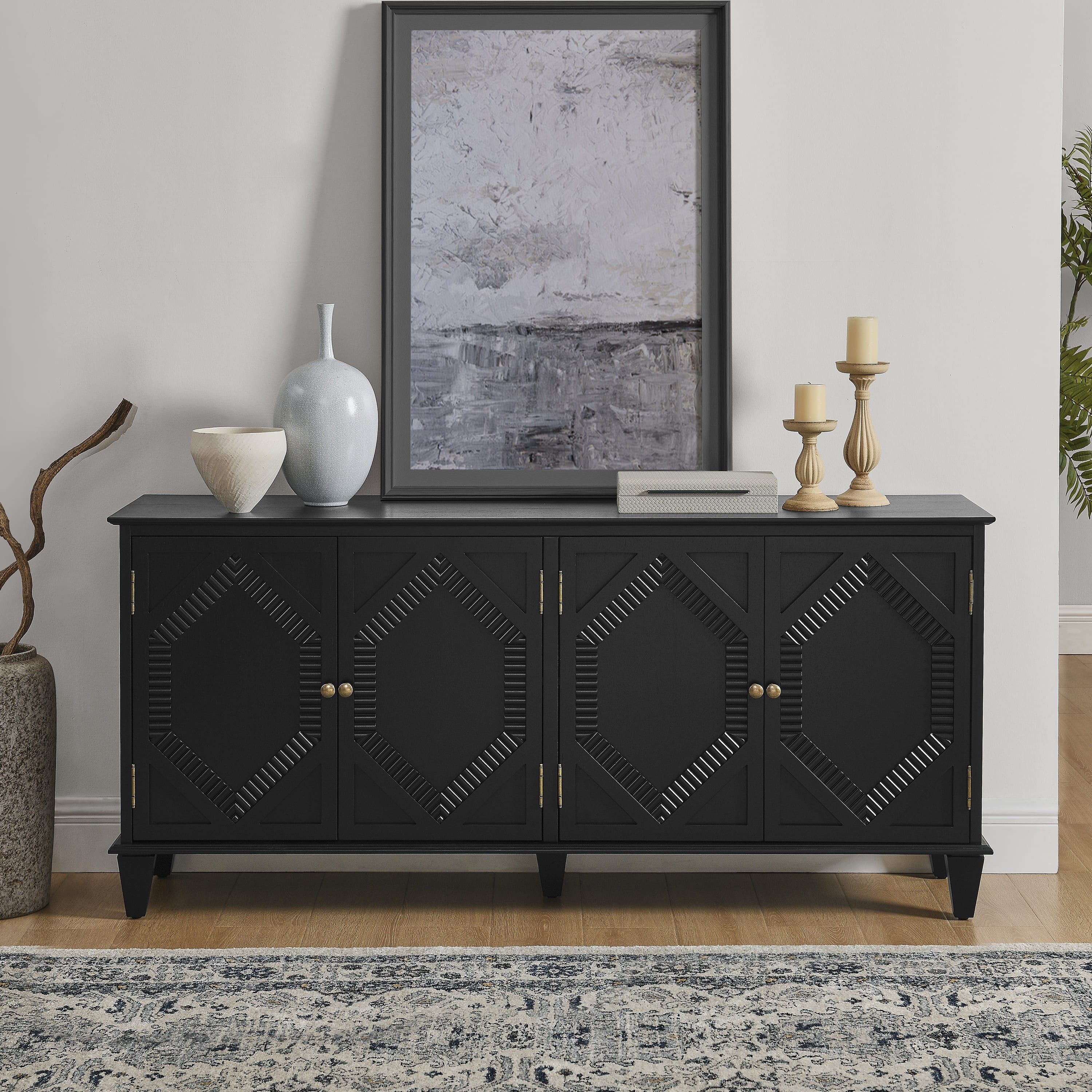 GDFStudio Valric Mid-Century Modern 65.55" Storage Cabinet with 4 Doors and Adjustable Shelves