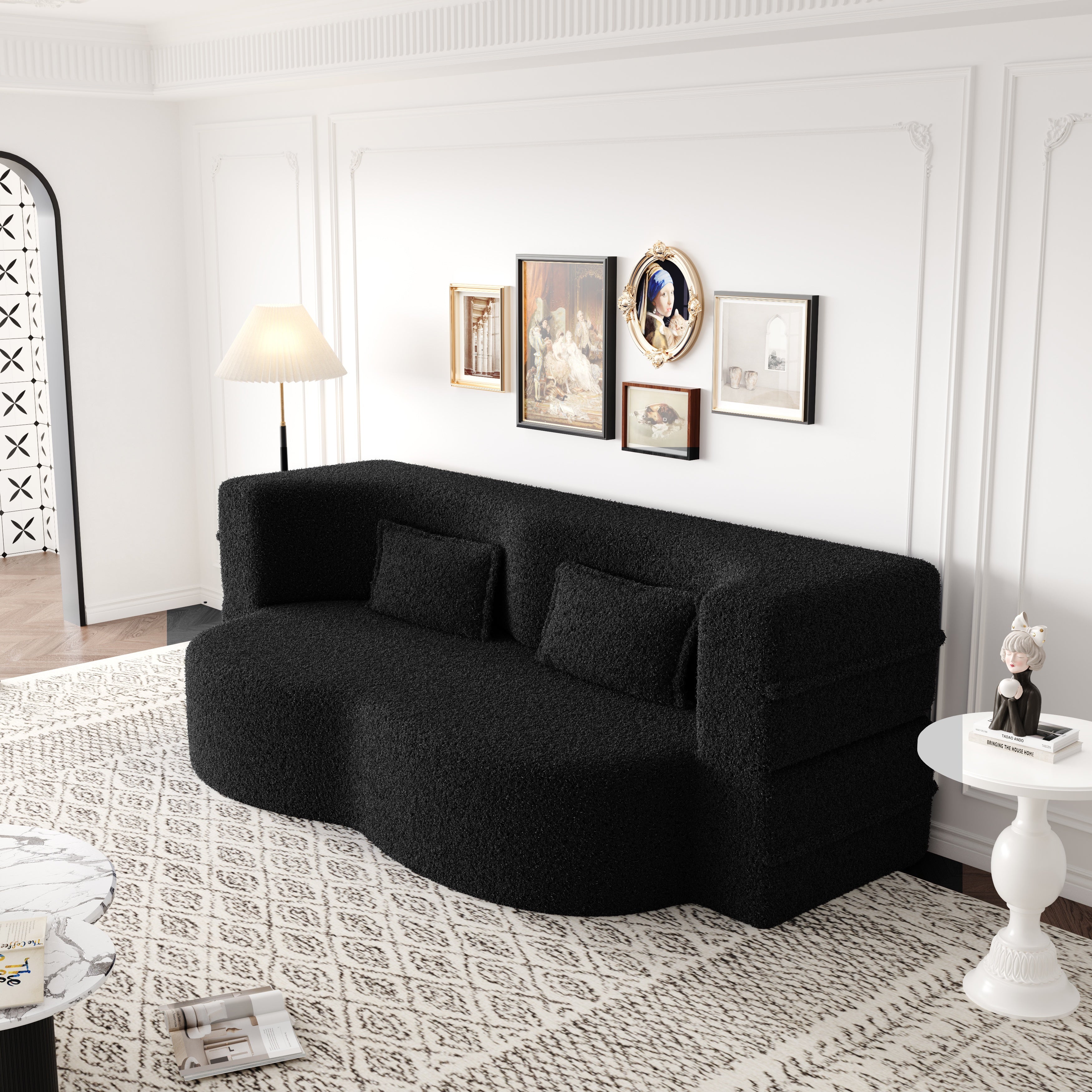 GDFStudio Moses 78" Teddy and Compressed Foam Full Size Floor Sofa Bed, Black