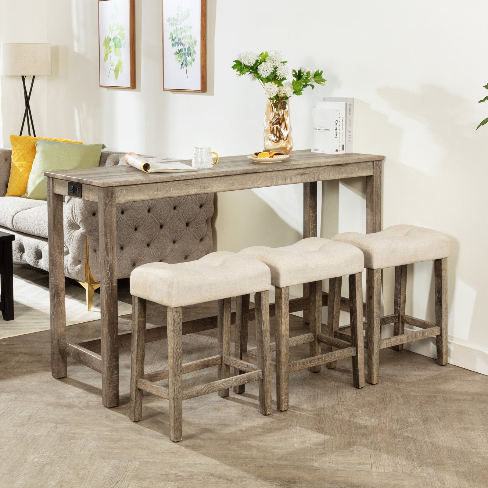 GDFStudio Aruba 4 Piece Bar Table Set with Power Outlet, 1 Table and 3 Upholstered Stools