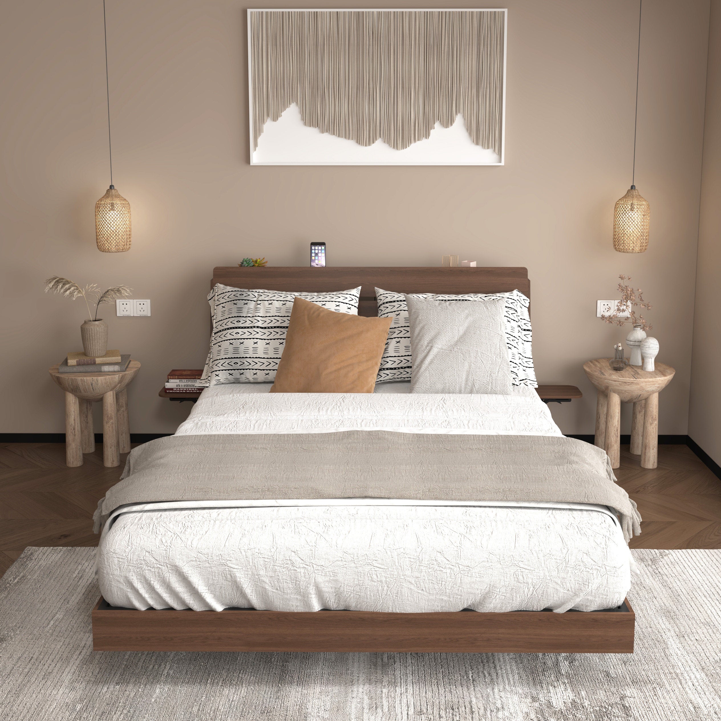 GDFStudio Ulric Modern Wooden Floating Bed Frame with Led Lights and Charging Station