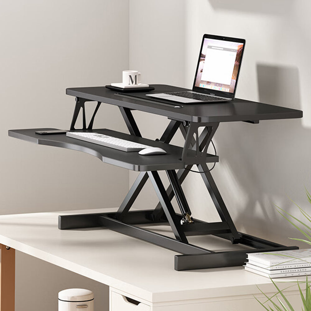 GDFStudio Hardy 32" W Adjustable Height Wood and Metal 2-Tier Monitor Risers Stand with Keyboard Tray, Black
