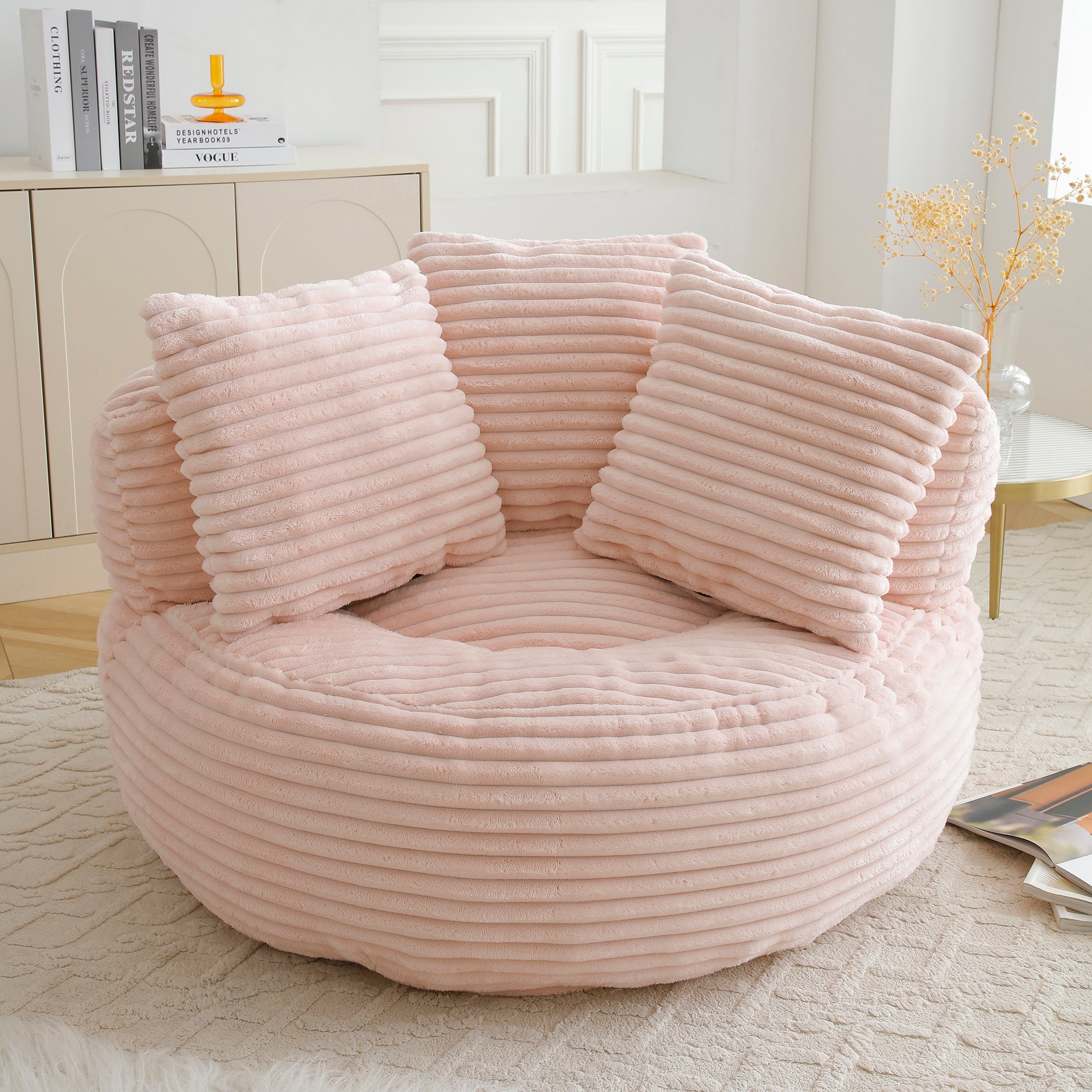 GDFStudio Helena Modern Corduroy Upholstered Bean Bag Chair with 3 Pillows, Pink