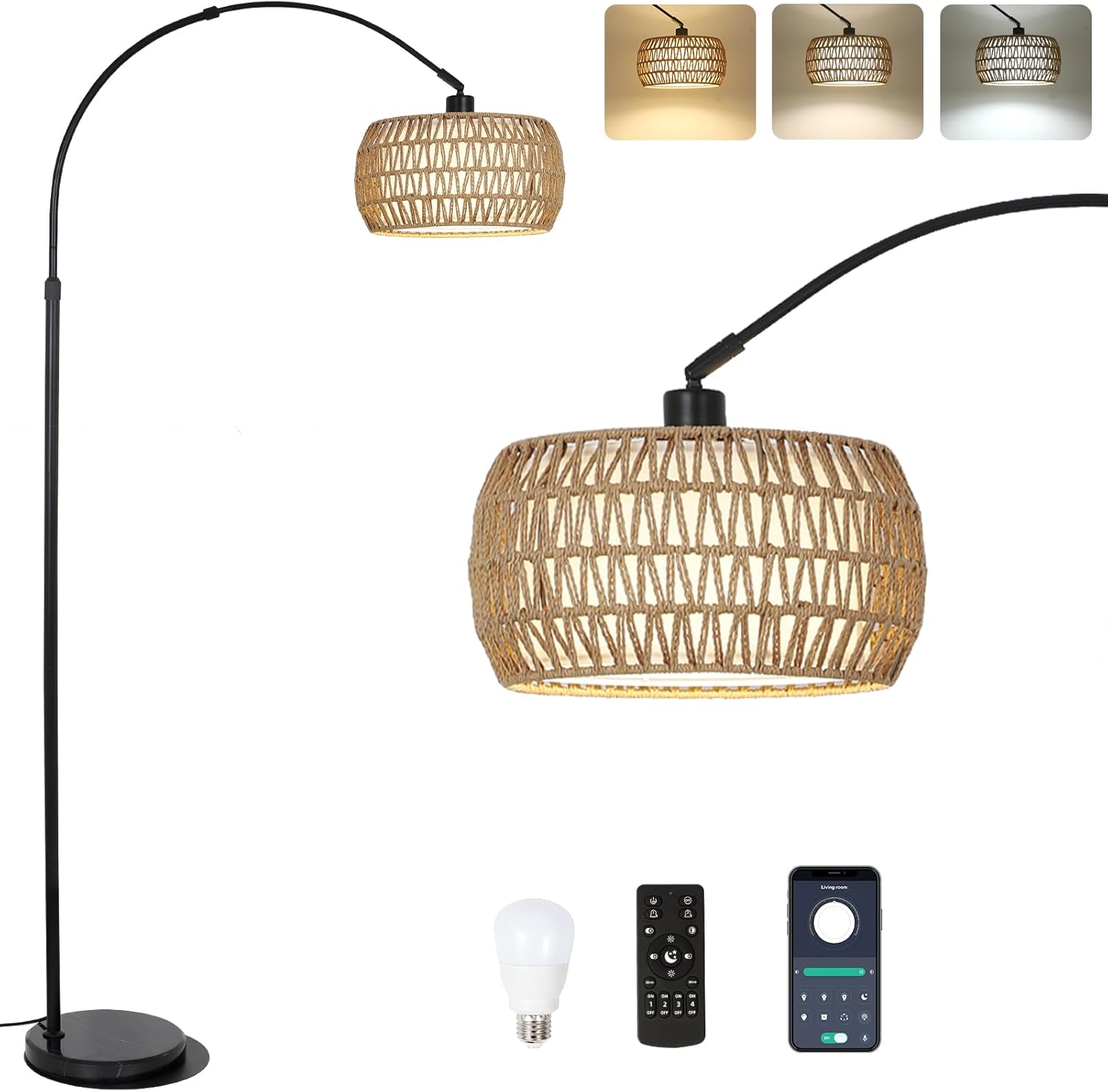 GDFStudio Cadley Modern Adjustable Arc Floor Lamp with Rattan and Fabric Dual Shades, Brown/Black