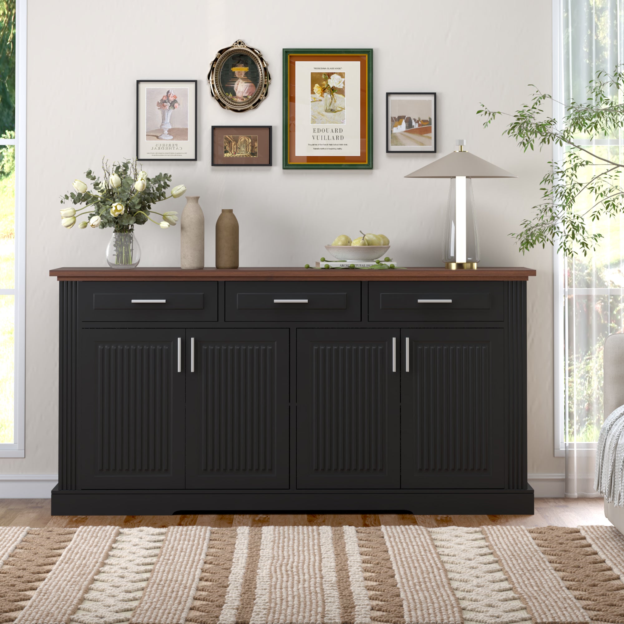 GDFStudio Gebo 63" Fluted Sideboard Buffet Cabinet with 4 Doors and 3 Drawers