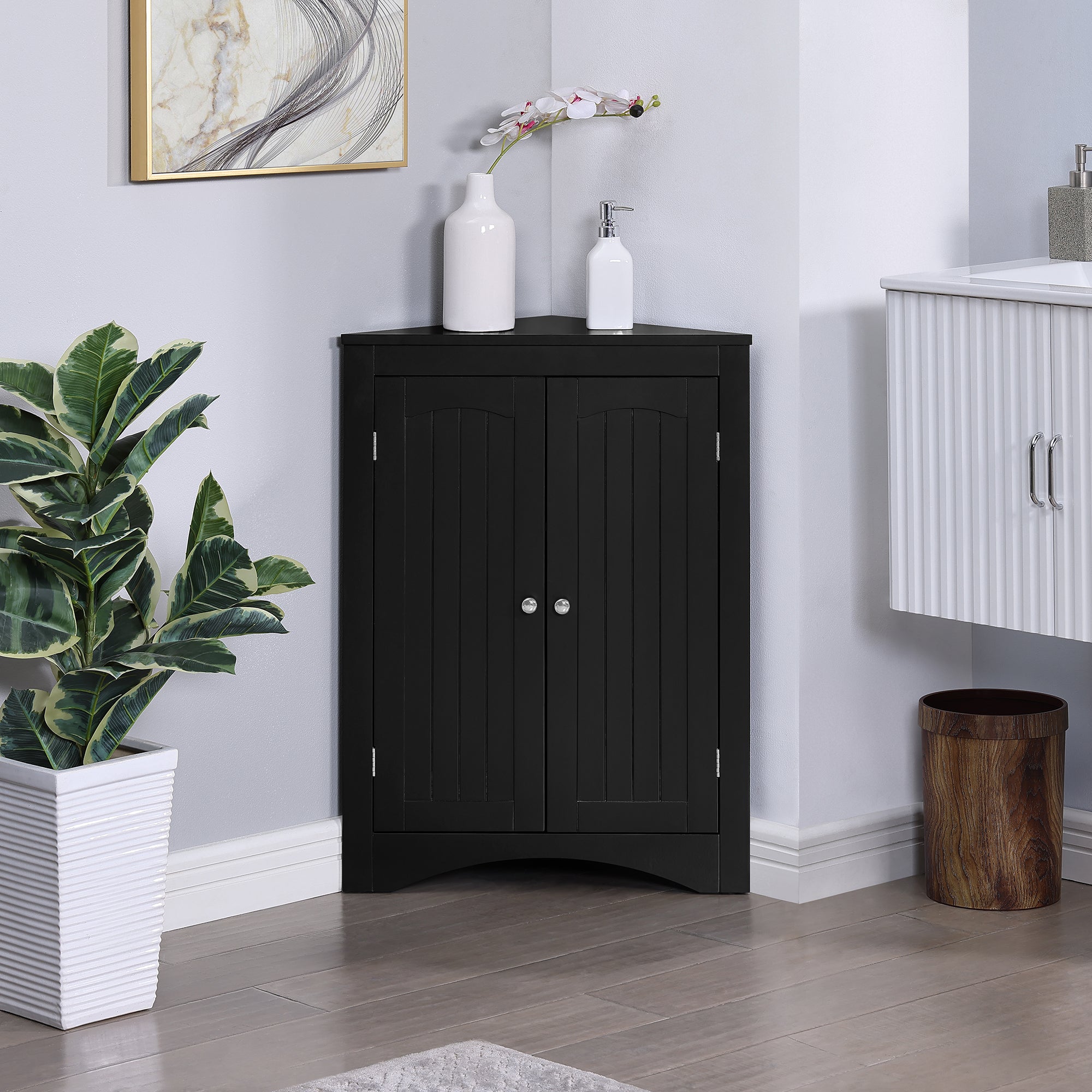 GDFStudio Rynox Modern Corner Cabinet with Double Doors and Adjustable Shelves, Coffee