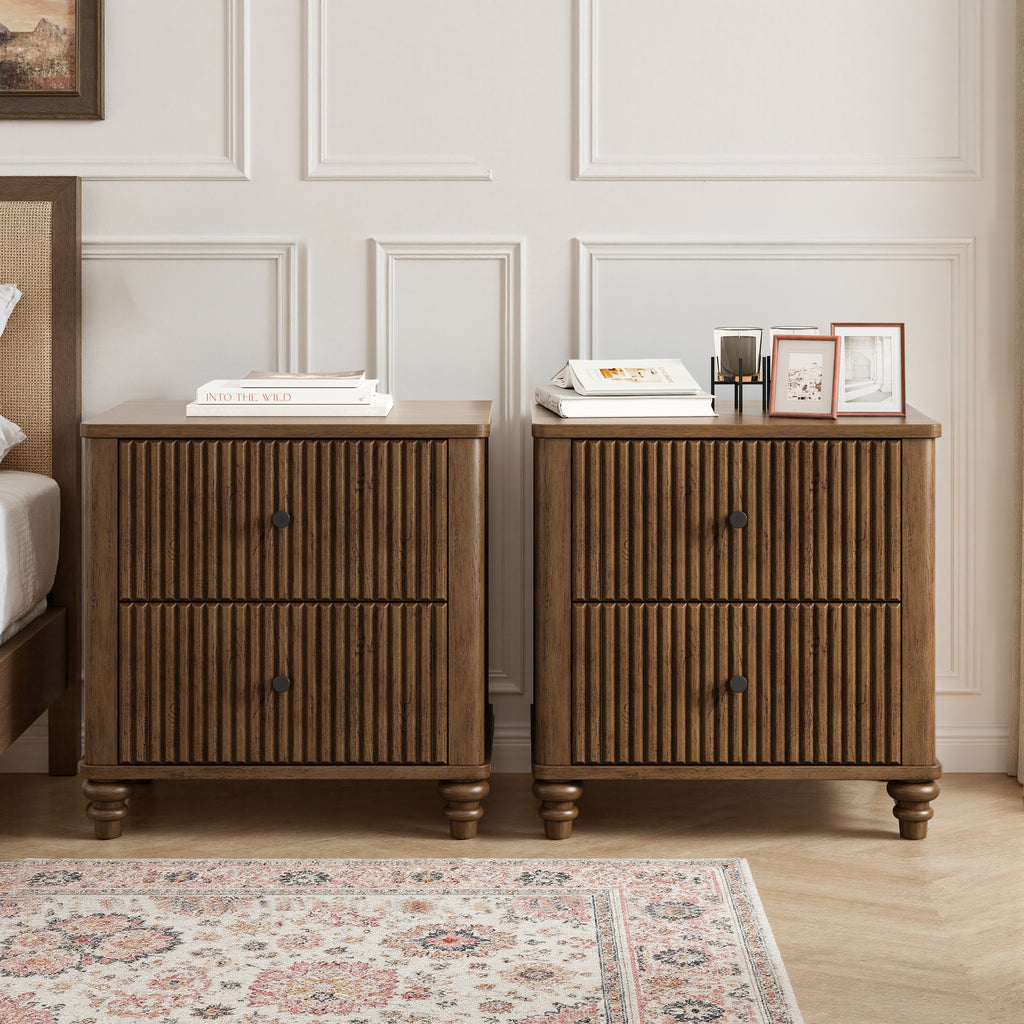 GDFStudio Doris Mid Century Modern Fluted Wood Nightstand, Walnut, Set of 2