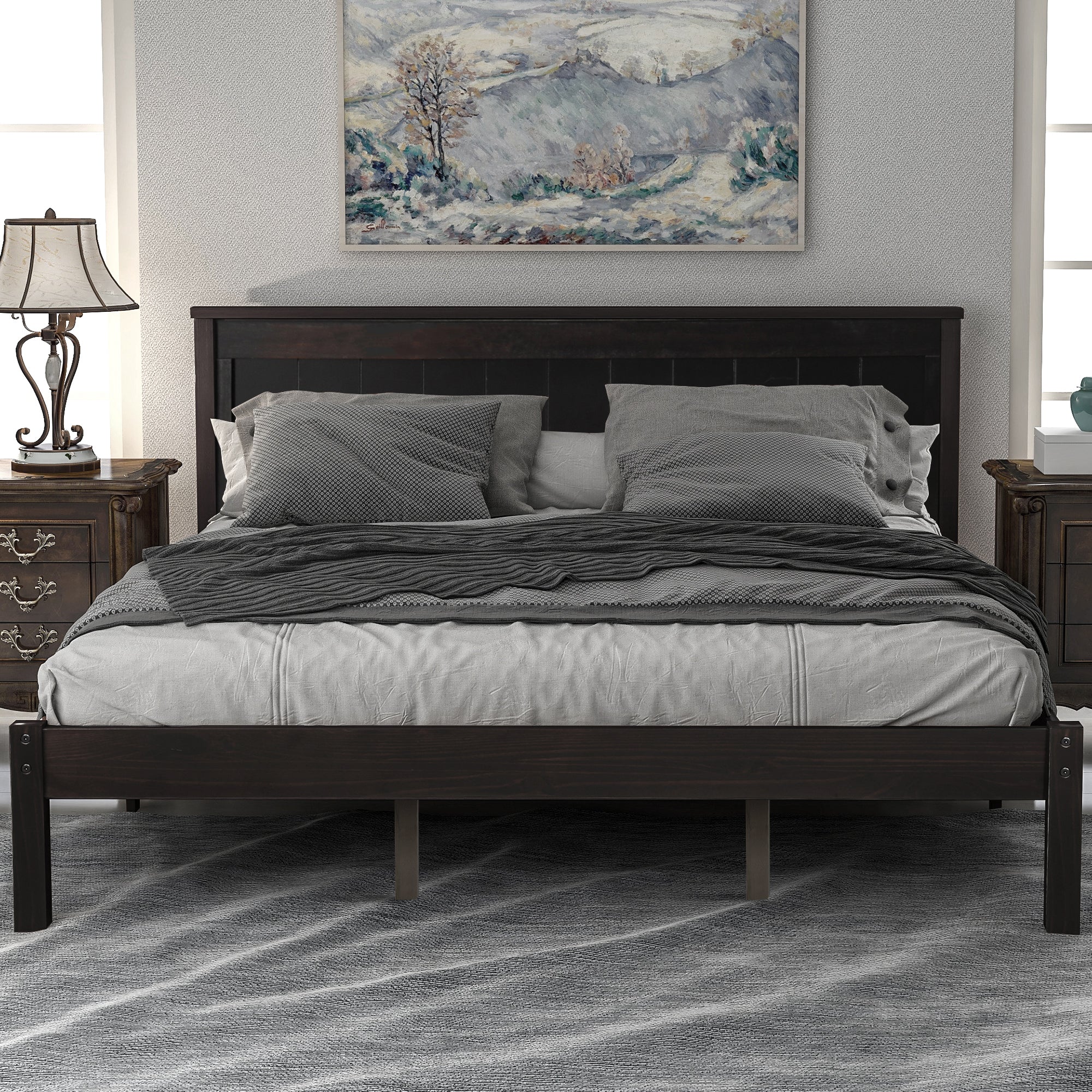 GDFStudio Alvarez Platform Bed Frame with Headboard and Wood Slat Support, Espresso, Queen Size
