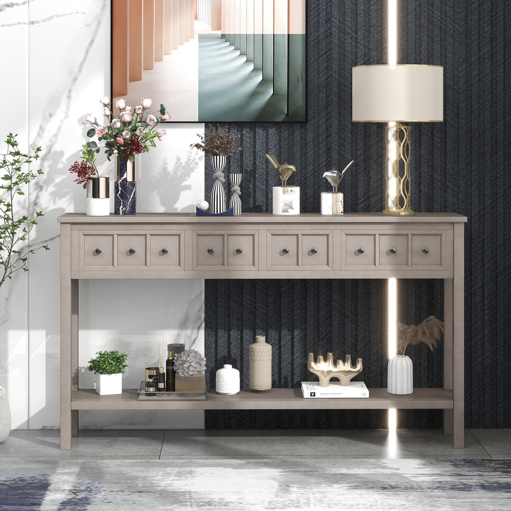 GDFStudio Amy 60" Rustic Solid Wood Console Table with Drawers and Bottom Shelf, Gray Wash