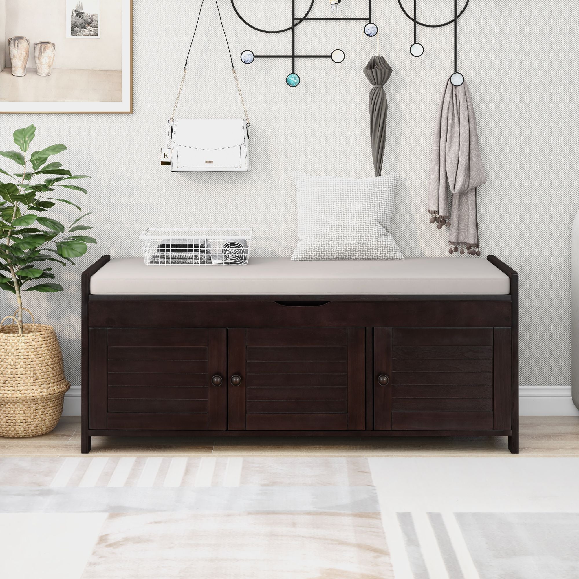 GDFStudio Gavin 43.5¡± Entryway Storage Shoe Bench with Shutter Doors and Adjustable Shelf, Espresso