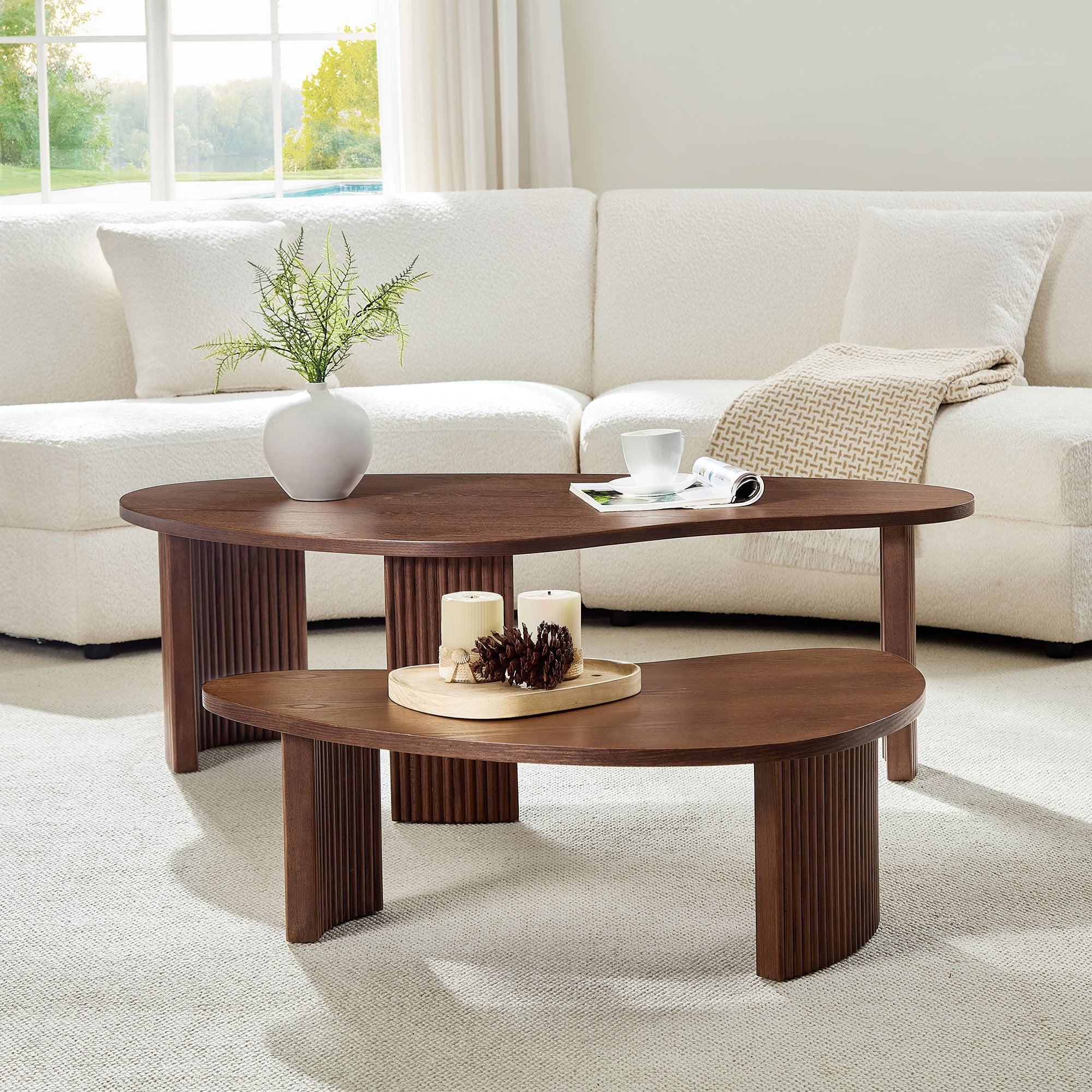 GDFStudio Rania Modern 2 Piece Irregular Shape Nesting Coffee Table Set, Walnut