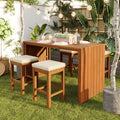 GDFStudio Mason Patio Modern Acacia Wood 5-Piece Bar Height Table Set with 4 Cushioned Stools, Natural/Beige