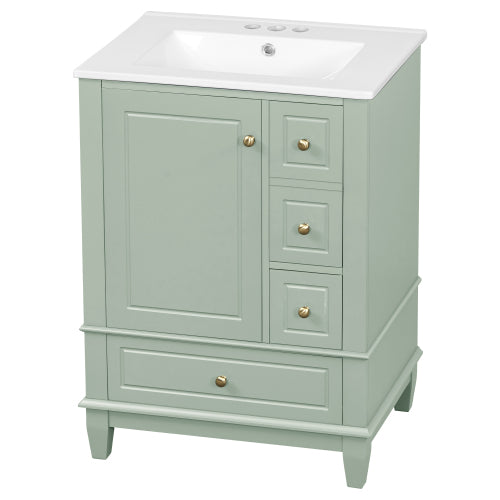 GDFStudio Amelia Modern 24" Wood Bathroom Vanity with Ceramic Sink, 3 Drawers and Storage Cabinet with Door Racks and Shelves, Light Green