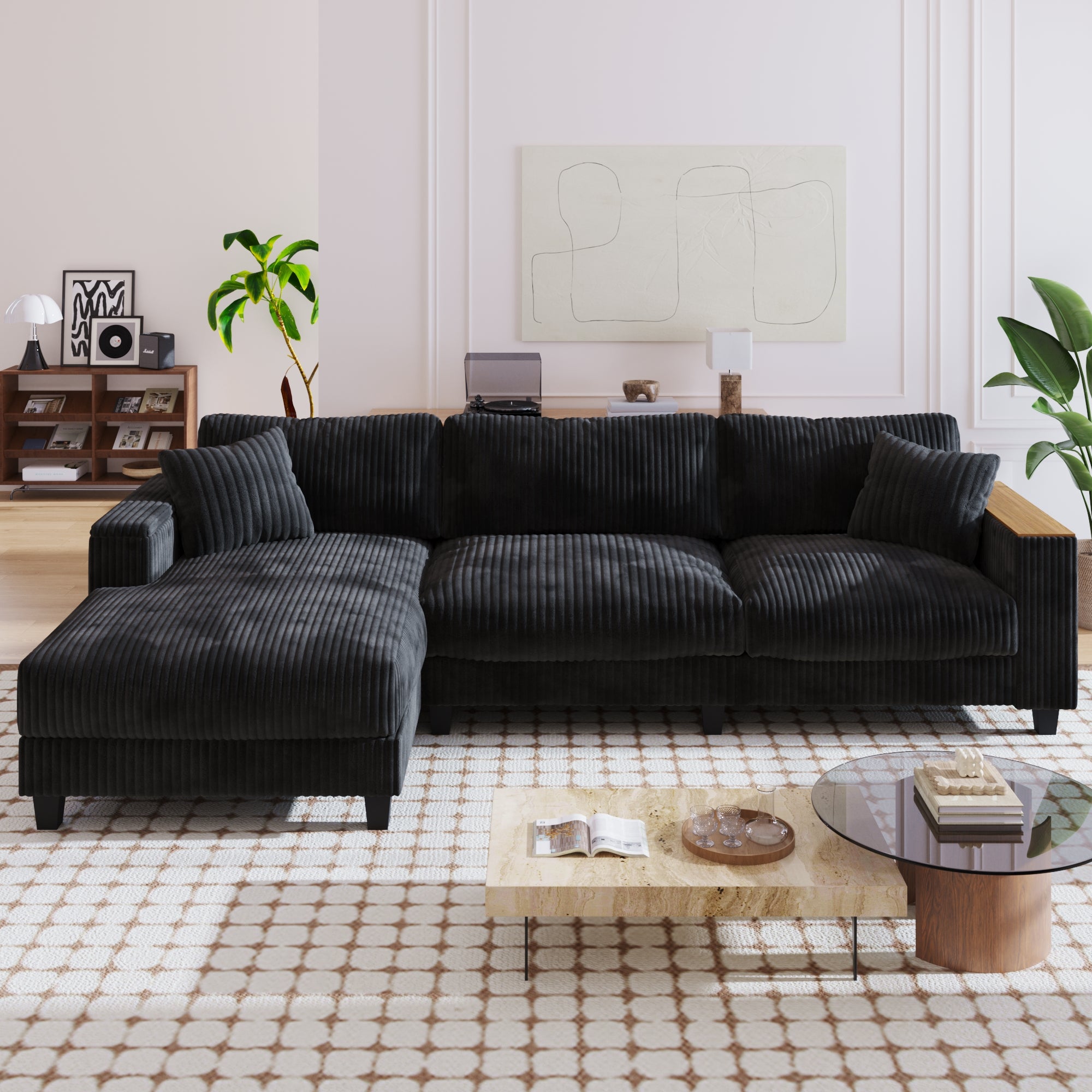 GDFStudio Congreve Corduroy 114" L-Sectional Sofa with Storage Armrests, Black