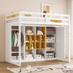 Wooden Loft Bed with Wardrobe & Colorful Storage Shelves, Space-Saving Teen Loft Bed with Reversible Stairs