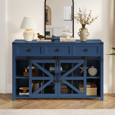 GDFStudio Rivera 55'' Sliding Barn Door Sideboard Buffet Cabinet with 3 Drawers, Navy Blue