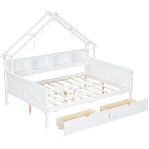 GDFStudio Lincoln Wood Full Size Platform Beds with LED, Storage Shelves, Drawers and Guardrail, White