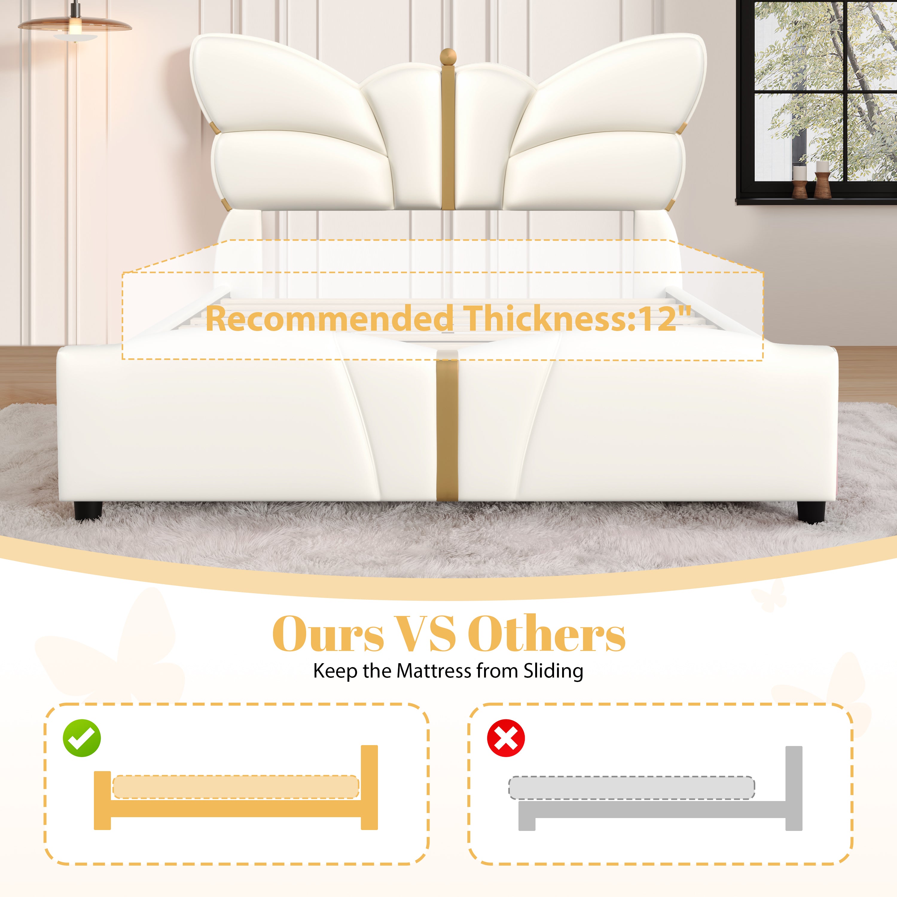 Christopher Knight Home Butterfly-Headboard PU Leather Platform Bed with Wood Slats & Metal Accents