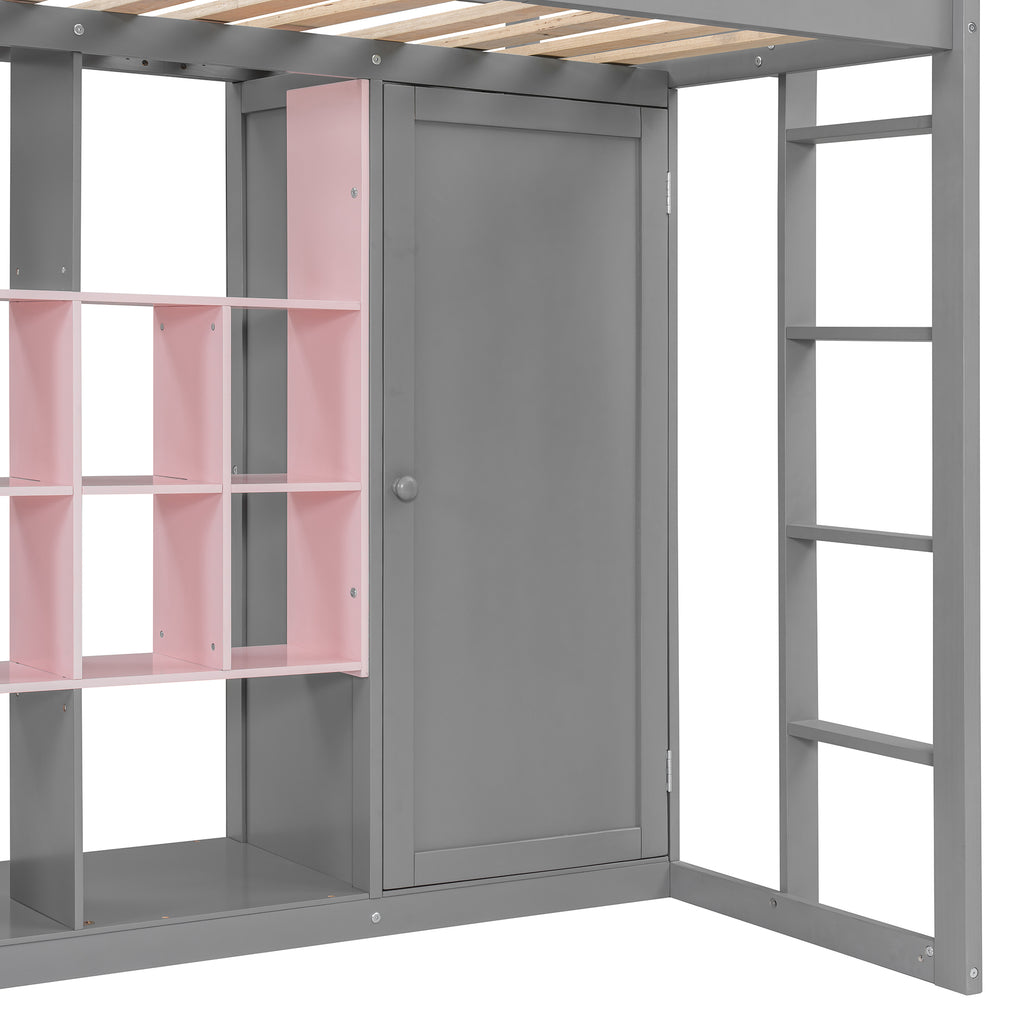 Wooden Loft Bed with Wardrobe & Colorful Storage Shelves, Space-Saving Teen Loft Bed with Reversible Stairs