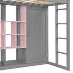 Wooden Loft Bed with Wardrobe & Colorful Storage Shelves, Space-Saving Teen Loft Bed with Reversible Stairs