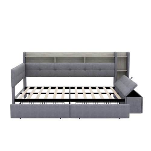 GDFStudio Nguyen Upholstery Daybed with Storage Footstool and Shelves,with Two Drawers, Grey
