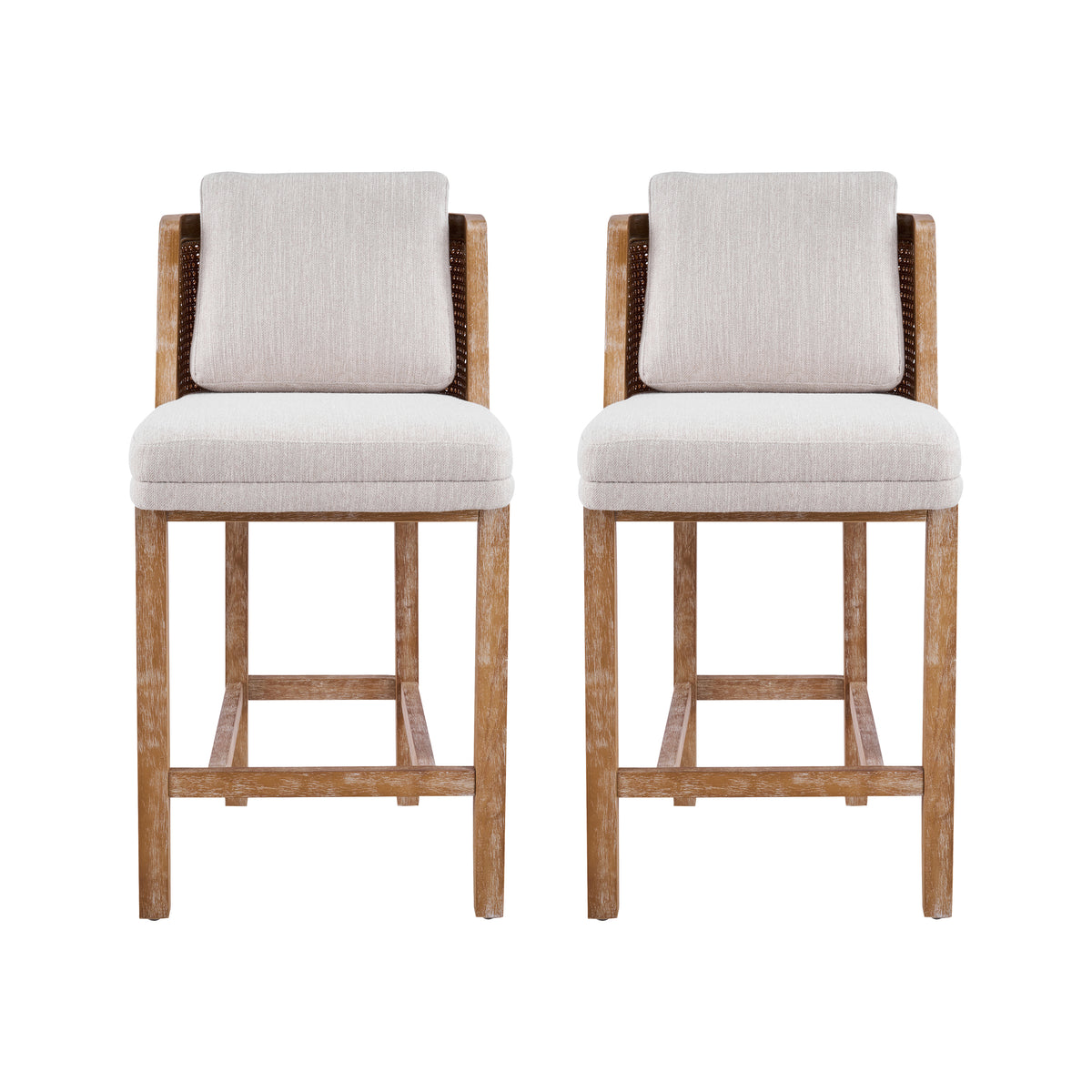 Christopher Knight Home Lucina Farmhouse Rattan Rubberwood Linen Upholstered Counter Stools with Cushion (Set of 2), Beige/Walnut