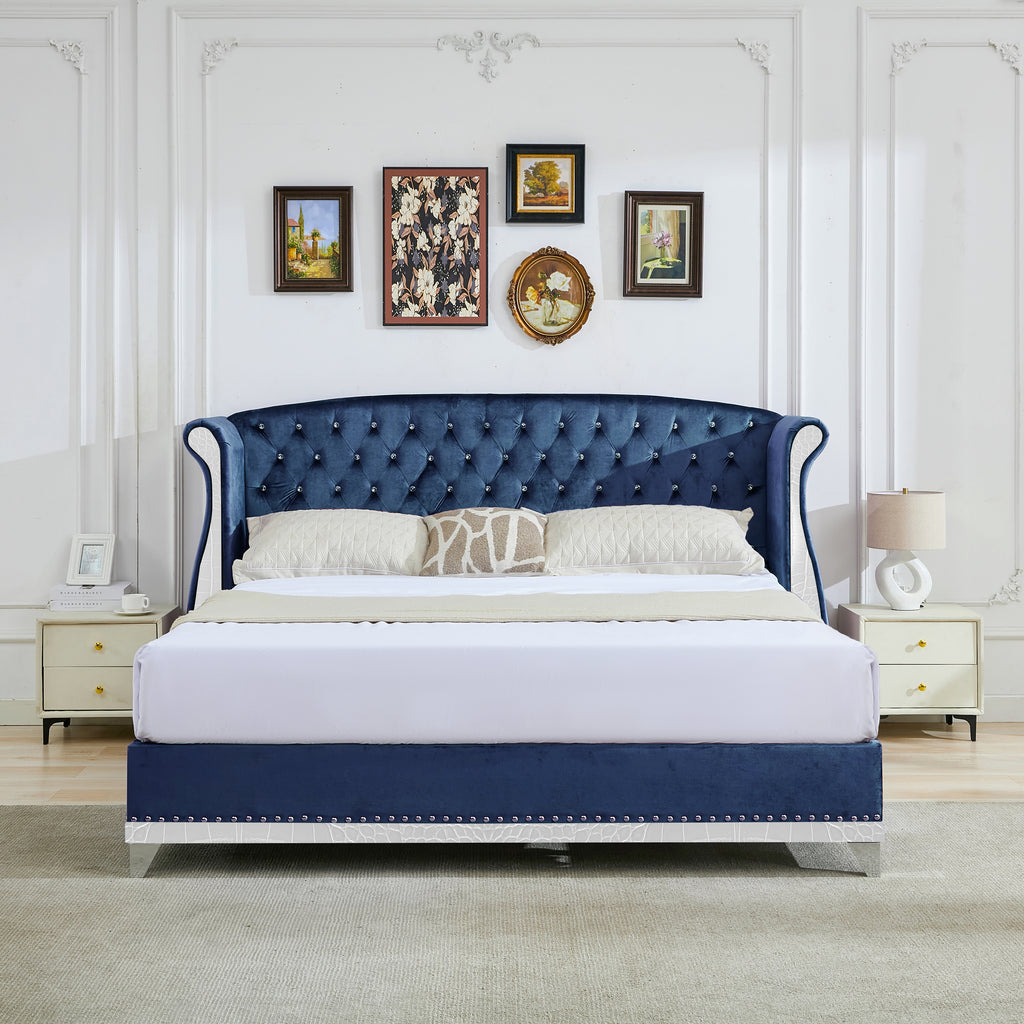 Christopher Knight Home Modern Velvet Wingback Tufted Platform Bed with Nailhead Trim and Silver Legs