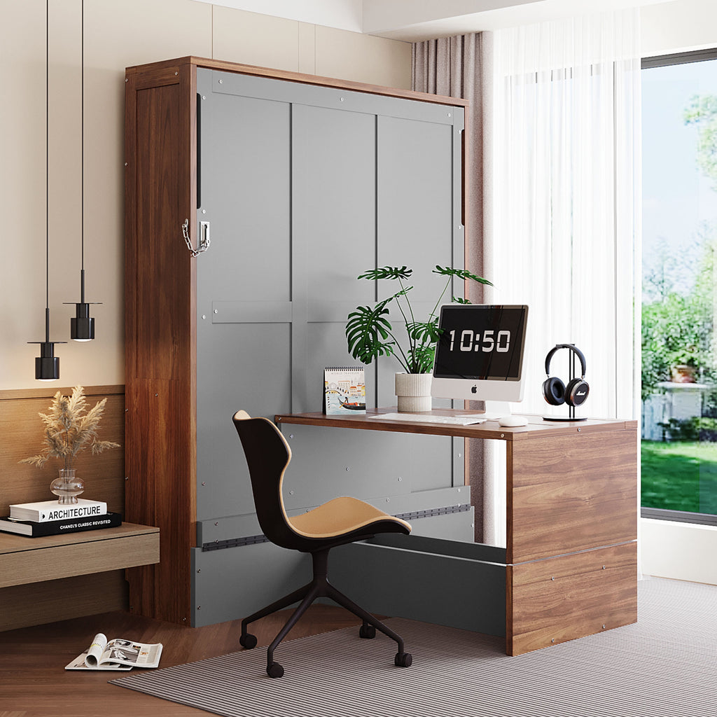 Full Size Murphy Bed with Foldable Desk, Modern Wall Bed in Walnut & White, Space-Saving Bed for Home Office & Guest Room