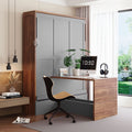 Full Size Murphy Bed with Foldable Desk, Modern Wall Bed in Walnut & White, Space-Saving Bed for Home Office & Guest Room