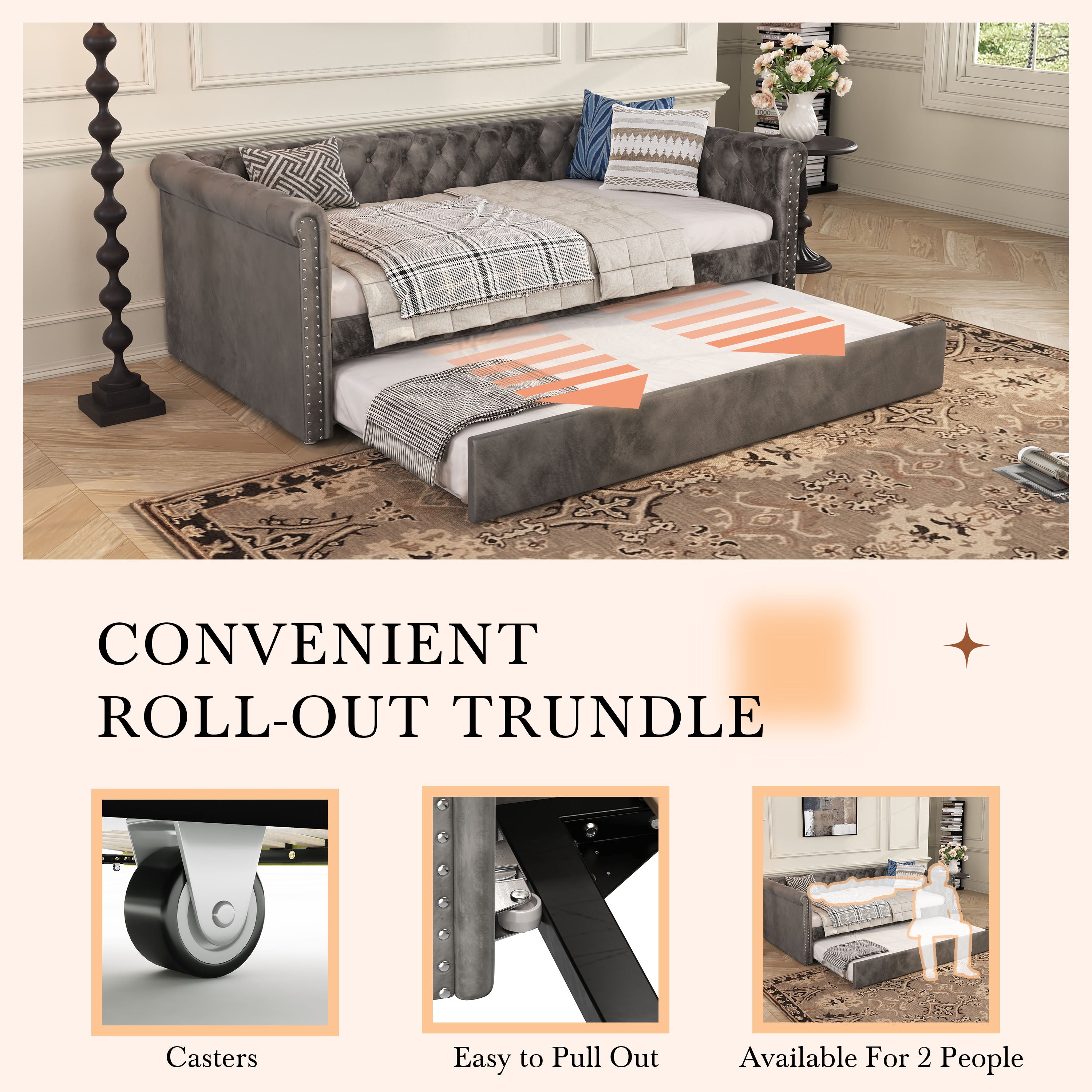 Christopher Knight Home Upholstered Velvet Daybed with Pull-Out Trundle & Tufted Backrest