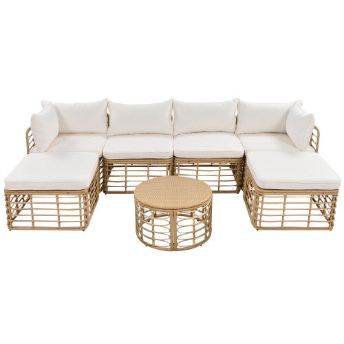 GDFStudio Savannah Patio Modern PE Rattan 7-Piece Modular Sectional Sofa Set with Cushions and Round Coffee Table, Beige