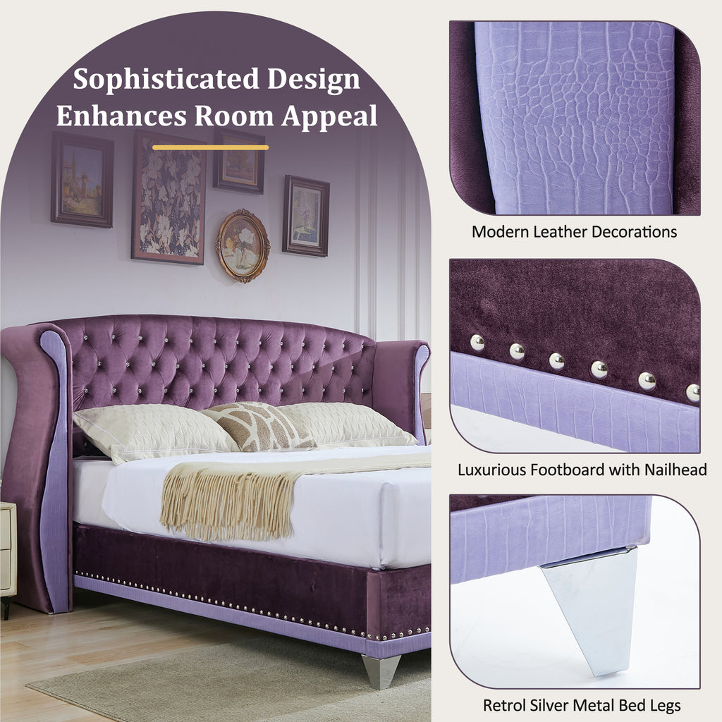 Christopher Knight Home Modern Velvet Wingback Tufted Platform Bed with Nailhead Trim and Silver Legs