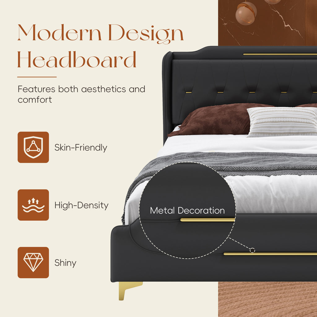 Christopher Knight Home Modern Faux Leather Platform Bed with Gold Metal Accents & Sturdy Wood-Metal Frame