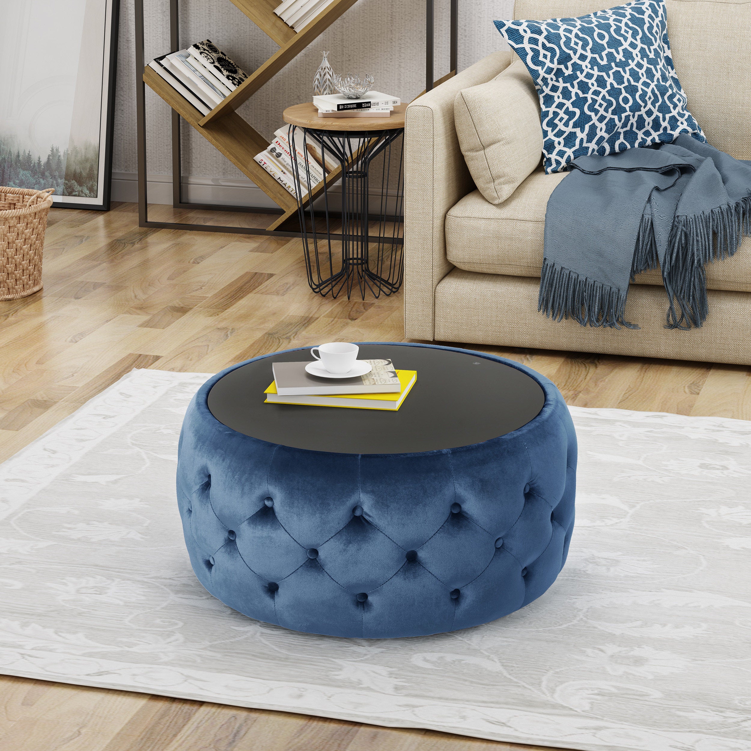 Christopher Knight Home Velvet Round Tufted Ottoman with Tempered Glass Top – Modern Glam Accent