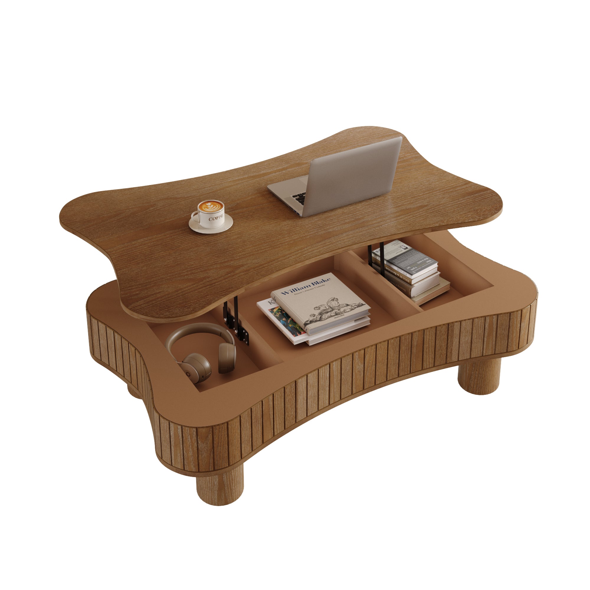 GDFStudio Norton Mid-Century Modern Lift-Top Fluted Wood 42" Coffee Table with Hidden Compartment, Walnut