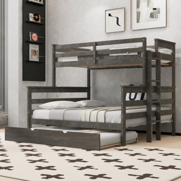 GDFStudio Stewart Wood Twin XL over Queen Bunk Bed with Trundle and Ladder, Grey