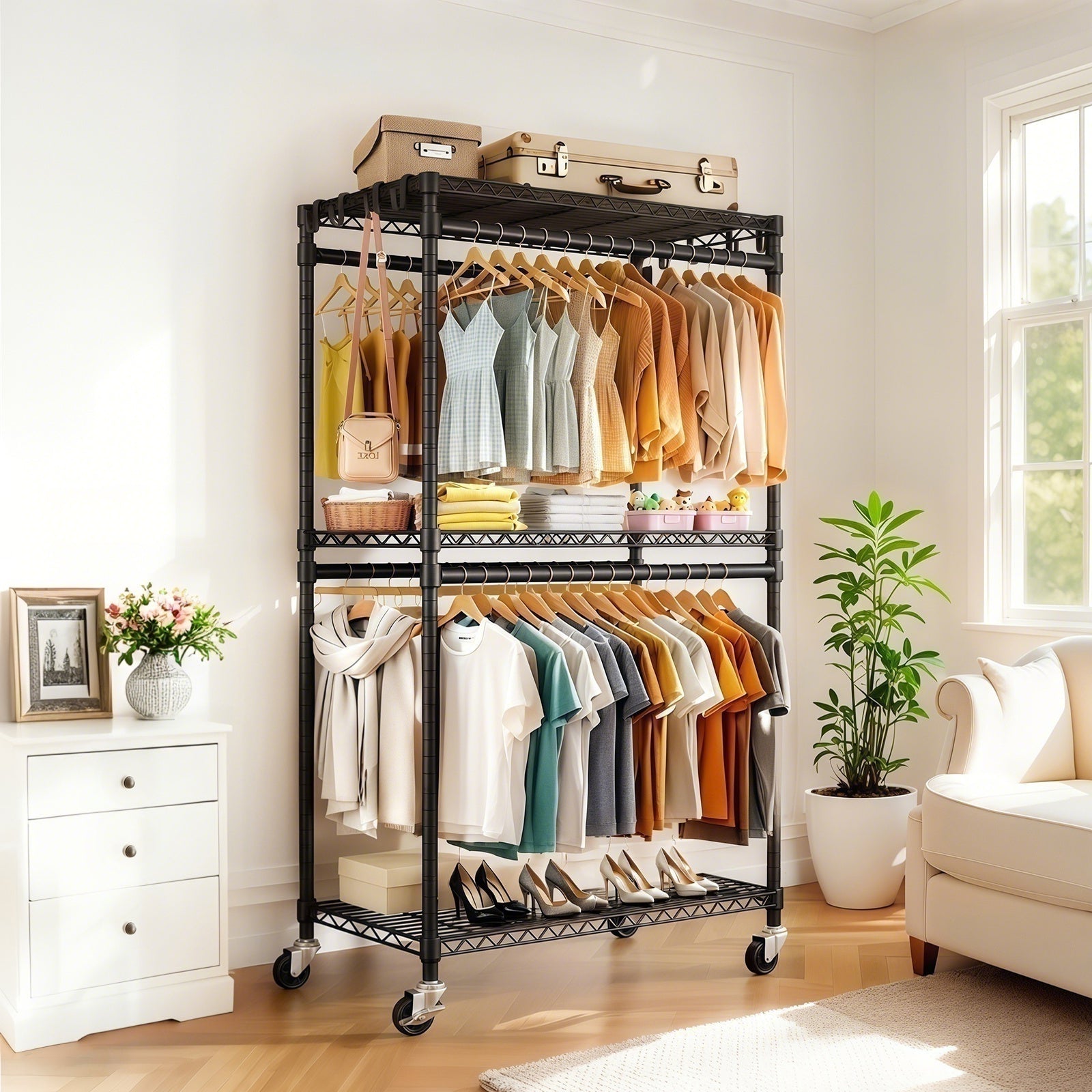 GDFStudio Dakota Heavy Duty 70"H Rolling Garment Rack with Adjustable Shelves, Black