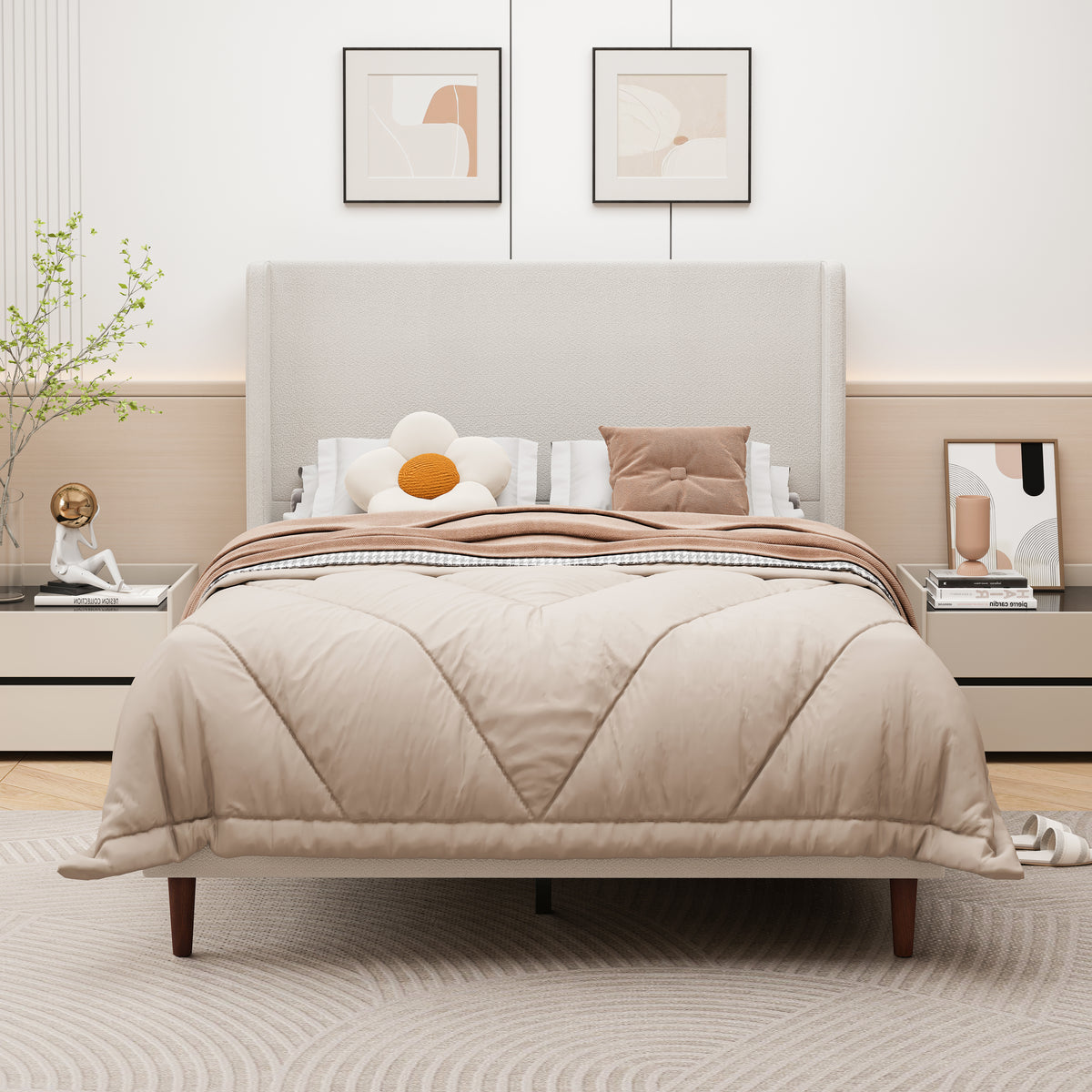 GDFStudio Lindsay Upholstered Wood Bed Frame with Wingback and Solid Wood Legs, Beige/Chenille, Queen