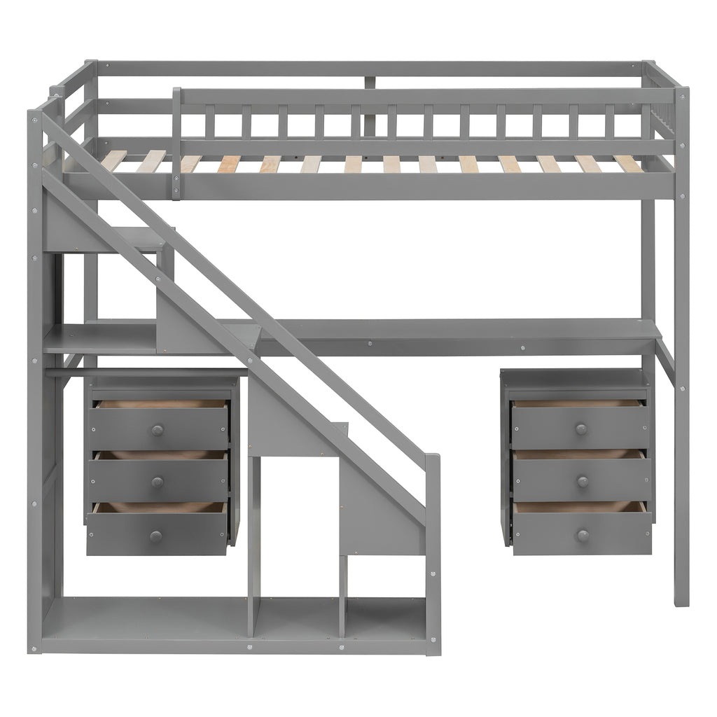 Bunk Bed with Stairs, Desk & LED Lights, Space-Saving Storage Bunk Bed with Drawers for Kids & Teens