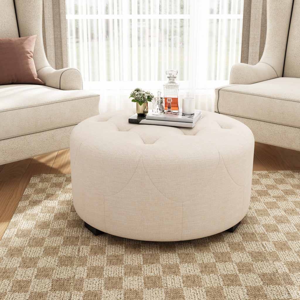 Christopher Knight Home Round Linen Ottoman with Button Tufted Design & Birch Wood Legs – Versatile Footstool and Extra Seating