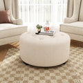 Christopher Knight Home Round Linen Ottoman with Button Tufted Design & Birch Wood Legs – Versatile Footstool and Extra Seating